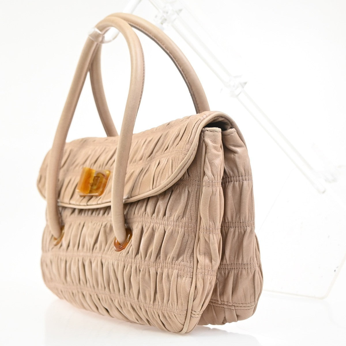 Prada Turnlock Nappa Gaufre Beige Leather Shoulder Bag Bag (Pre-Owned)
