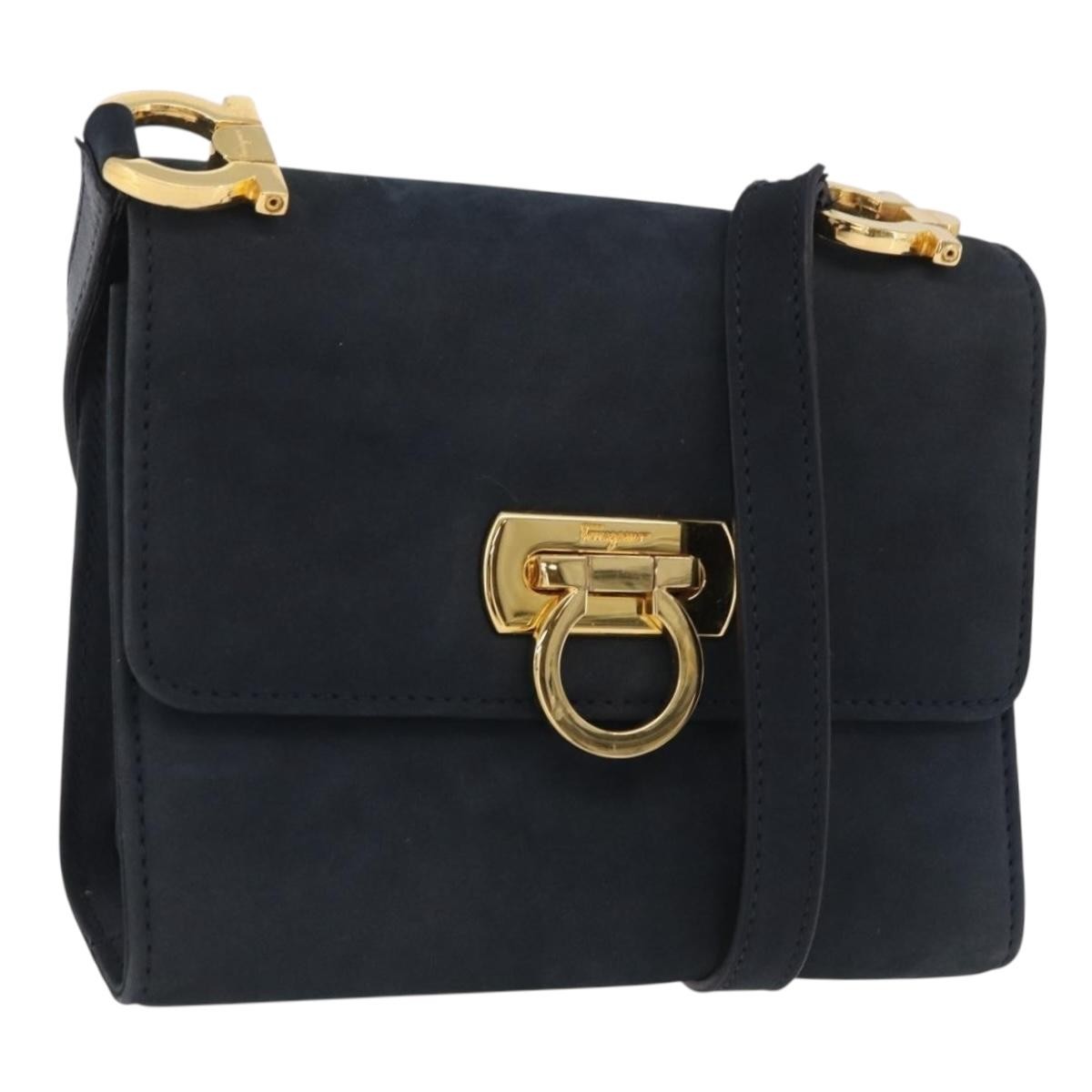 Salvatore Ferragamo Gancini Flap Suede Navy Suede Shoulder Bag Bag (Pre-Owned)