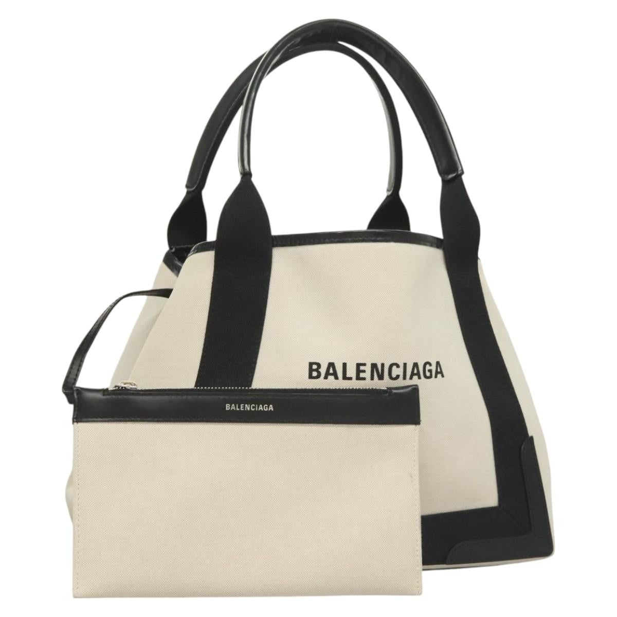Balenciaga Navy Cabas Canvas With Leather White Canvas Tote Bag Bag (Pre-Owned)