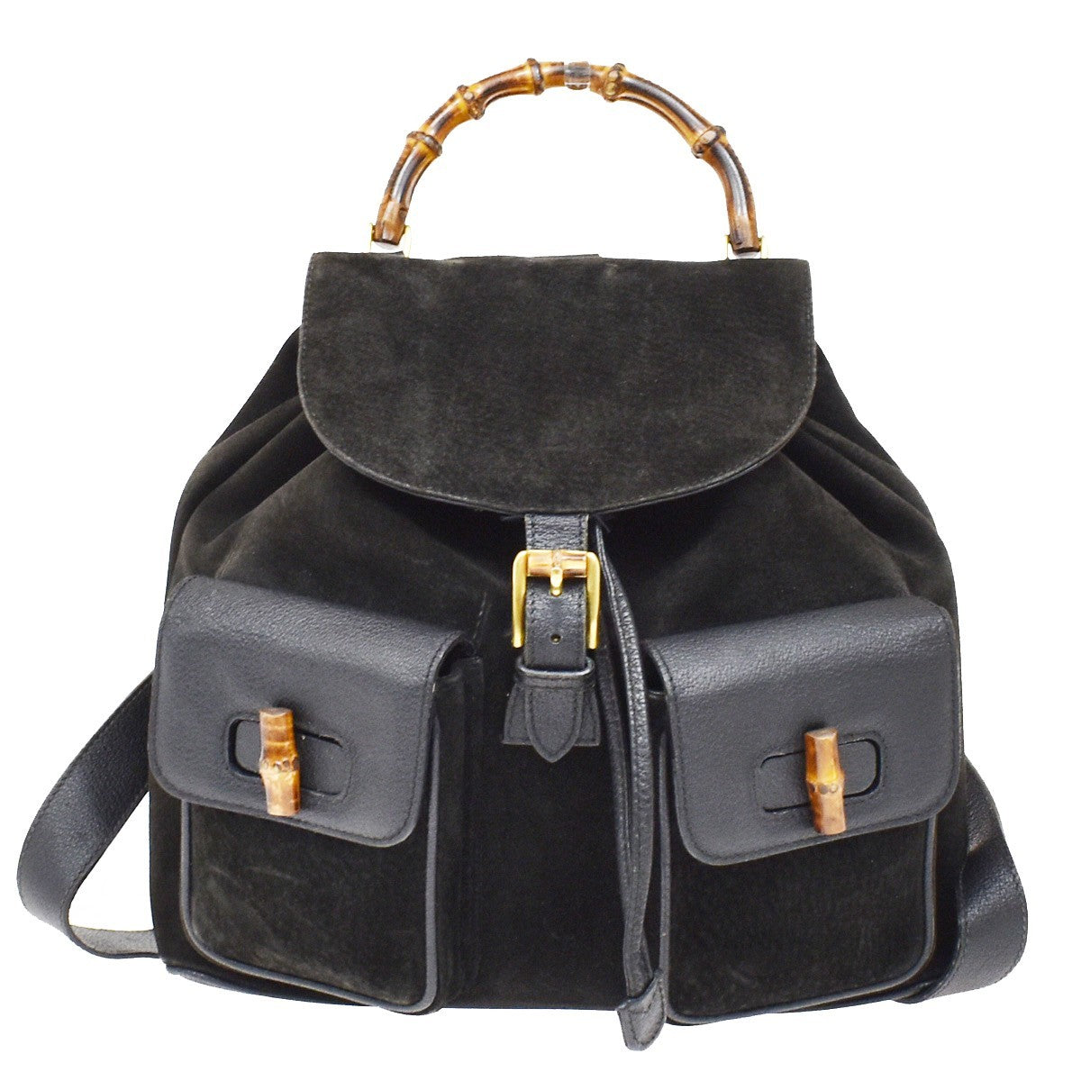 Gucci Vintage Bamboo Suede Black Suede Backpack Bag (Pre-Owned)