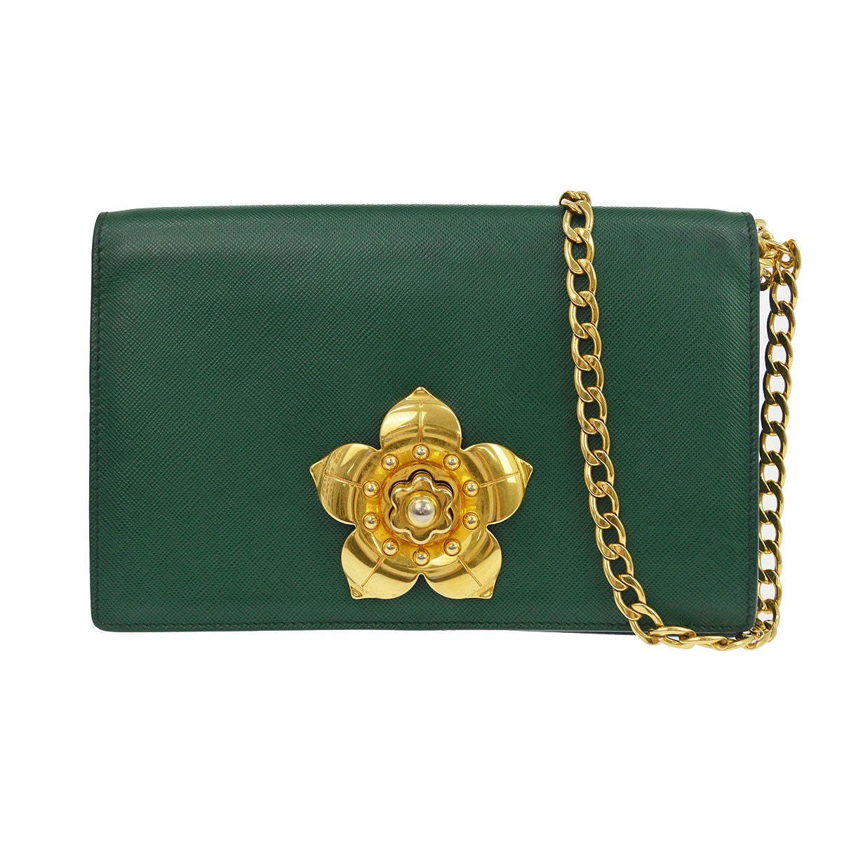 Prada Corolle Chain Saffiano With Metal Green Leather Shoulder Bag Bag (Pre-Owned)