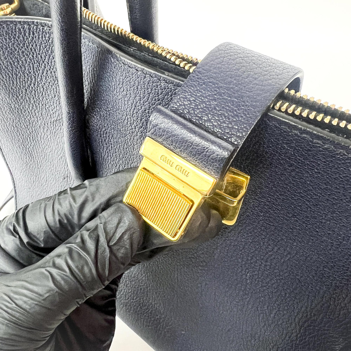 Miu Miu Madras Leather Navy Leather Tote Bag Bag (Pre-Owned)