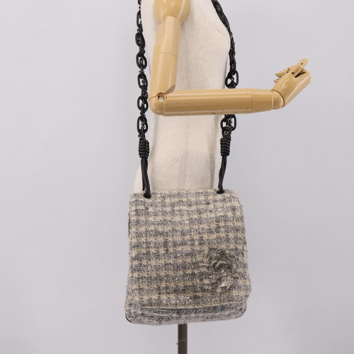 Chanel Camellia Messenger Tweed Gray Canvas Shoulder Bag Bag (Pre-Owned)
