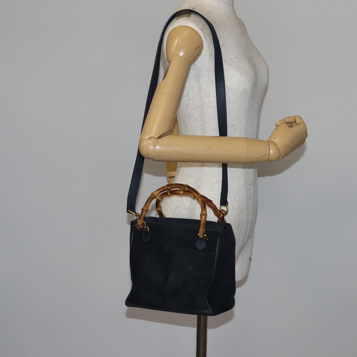 Gucci Vintage Bamboo Handle Suede Navy Suede Handbag (Pre-Owned)
