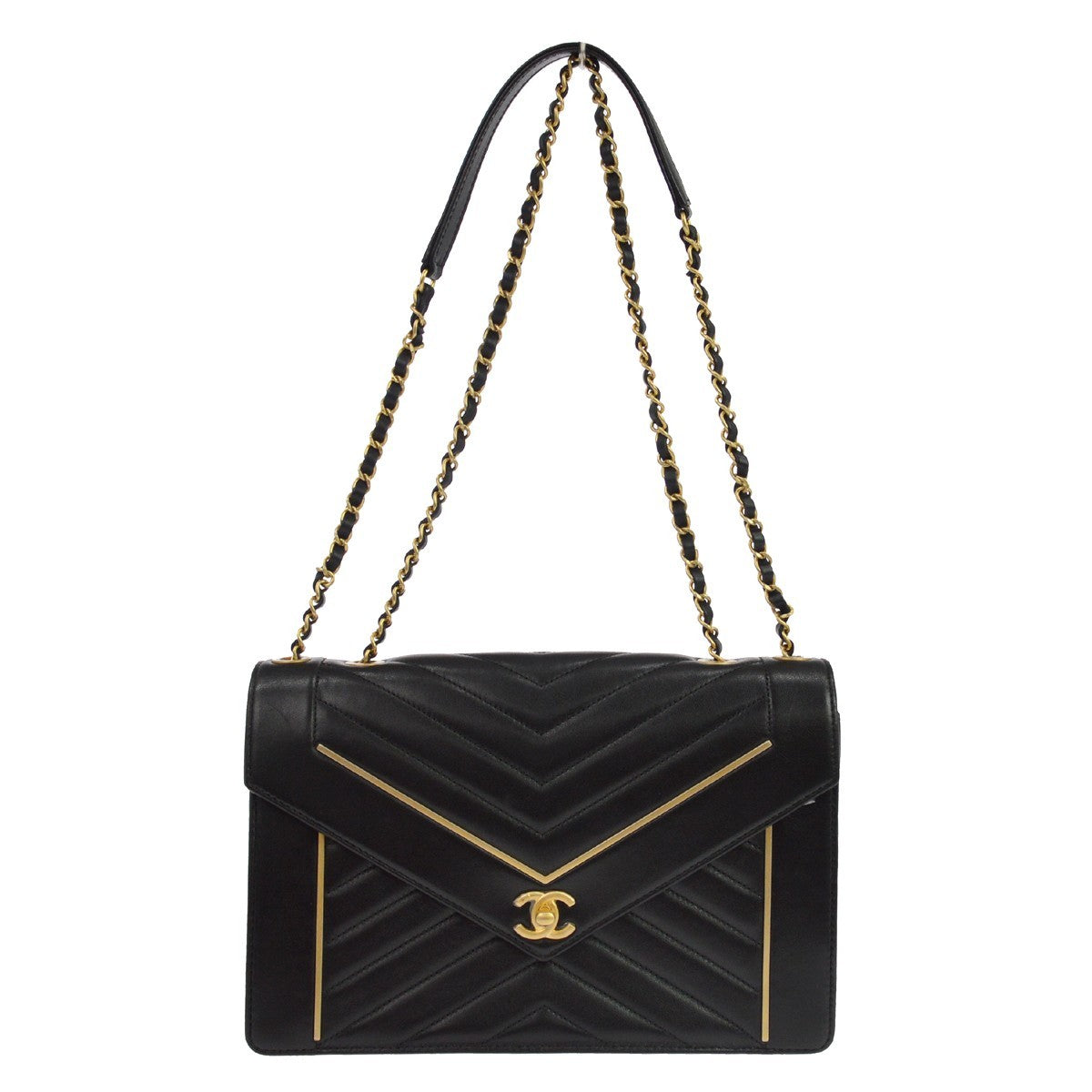 Chanel Reversed Flap Chevron Lambskin Black Leather Handbag (Pre-Owned)
