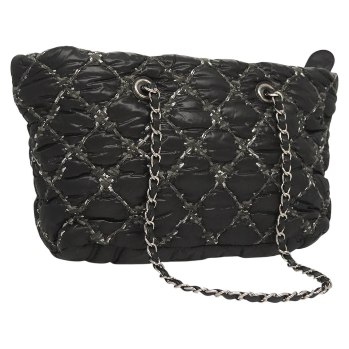 Chanel Tweed On Stitch Zip Tote Quilted Nylon Black Nylon Shoulder Bag Bag (Pre-Owned)