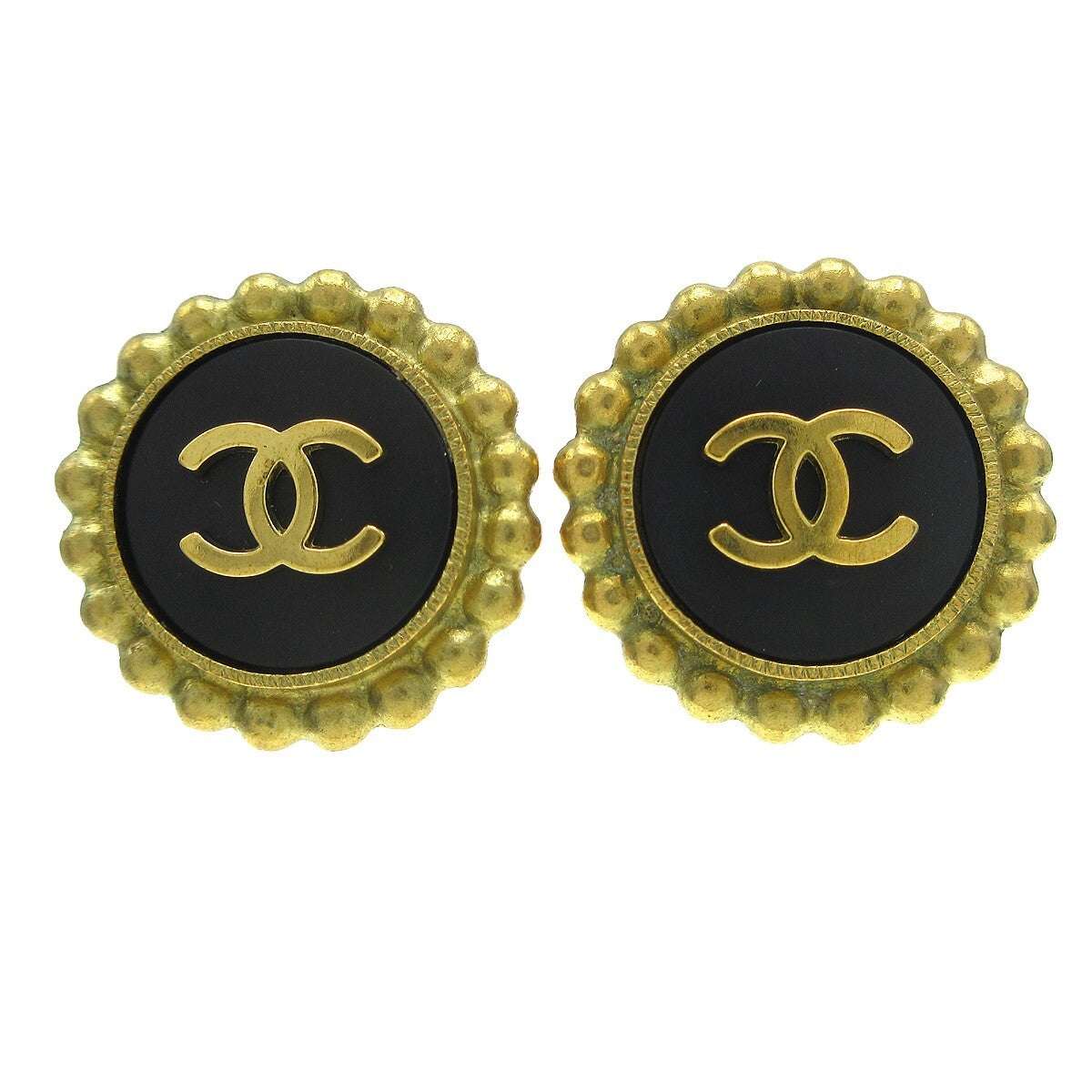 Chanel Cc Round Metal Black Gold_Plated Earrings Jewelry (Pre-Owned)