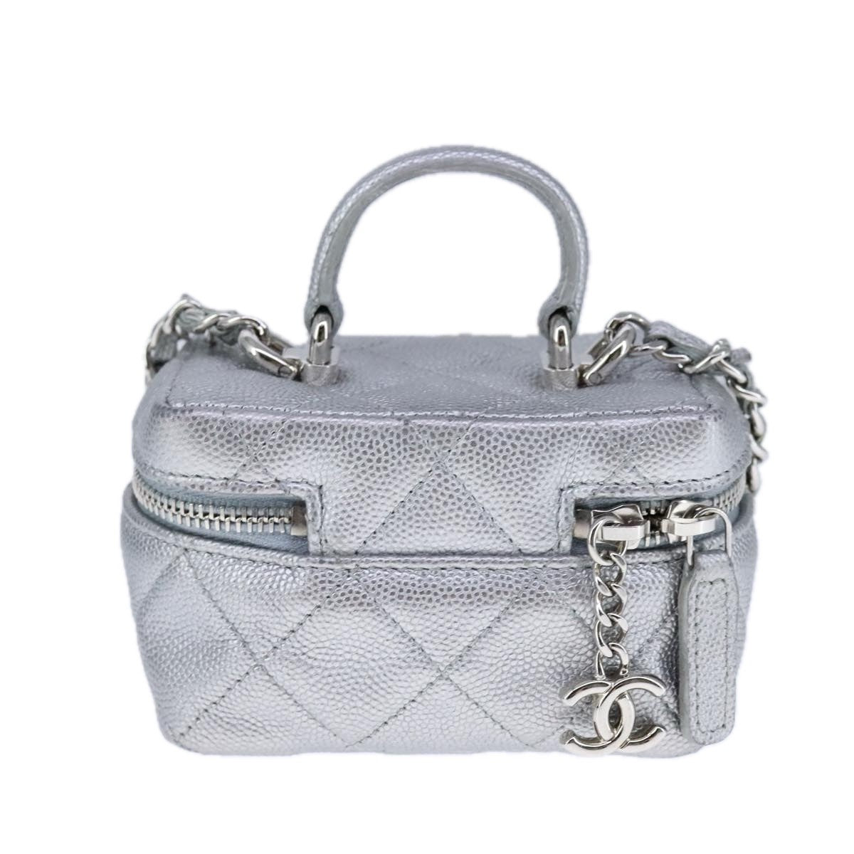 Chanel Classic Vanity Case With Chain Quilted Caviar Silver Leather Shoulder Bag Bag (Pre-Owned)