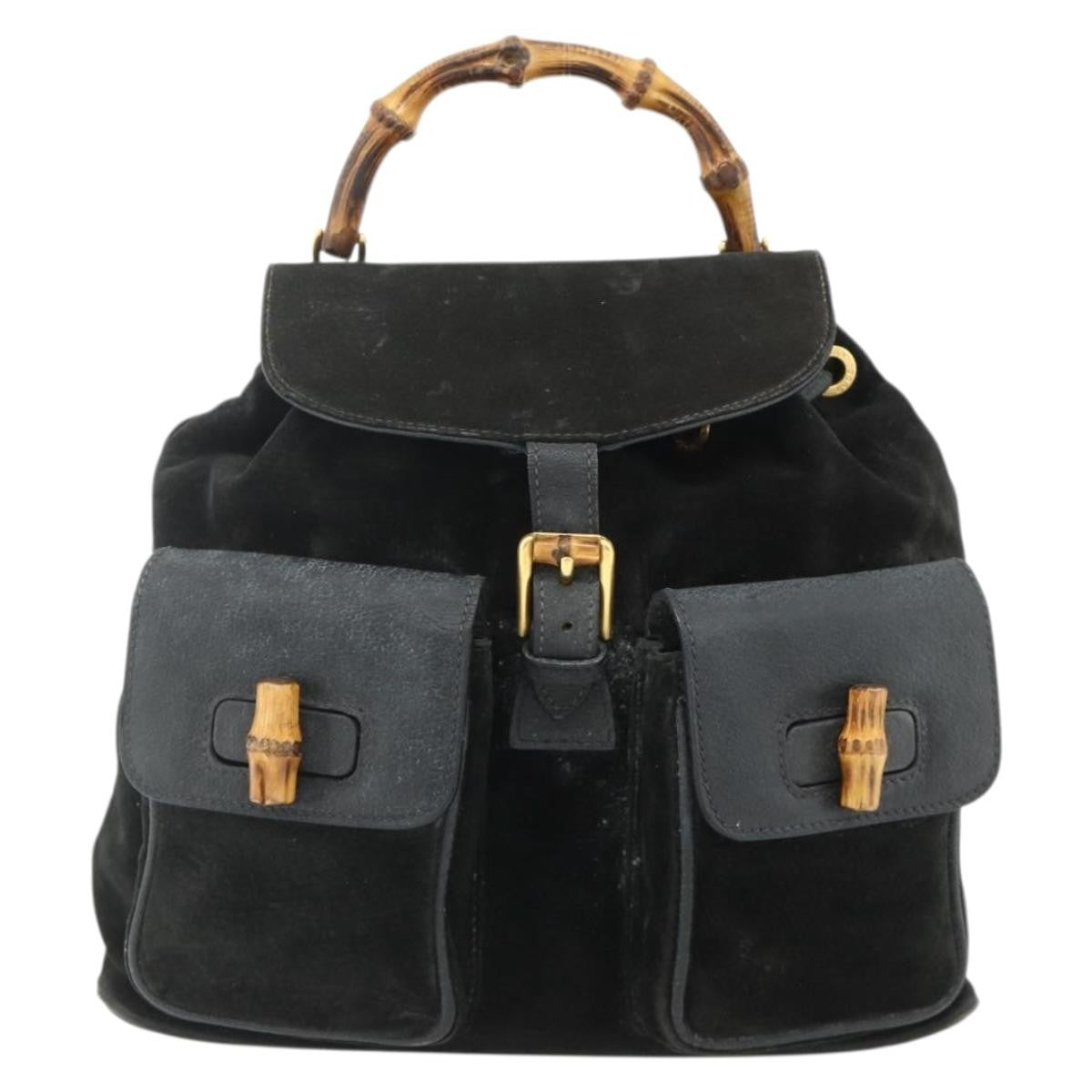 Gucci Vintage Bamboo Suede Black Suede Backpack Bag (Pre-Owned)