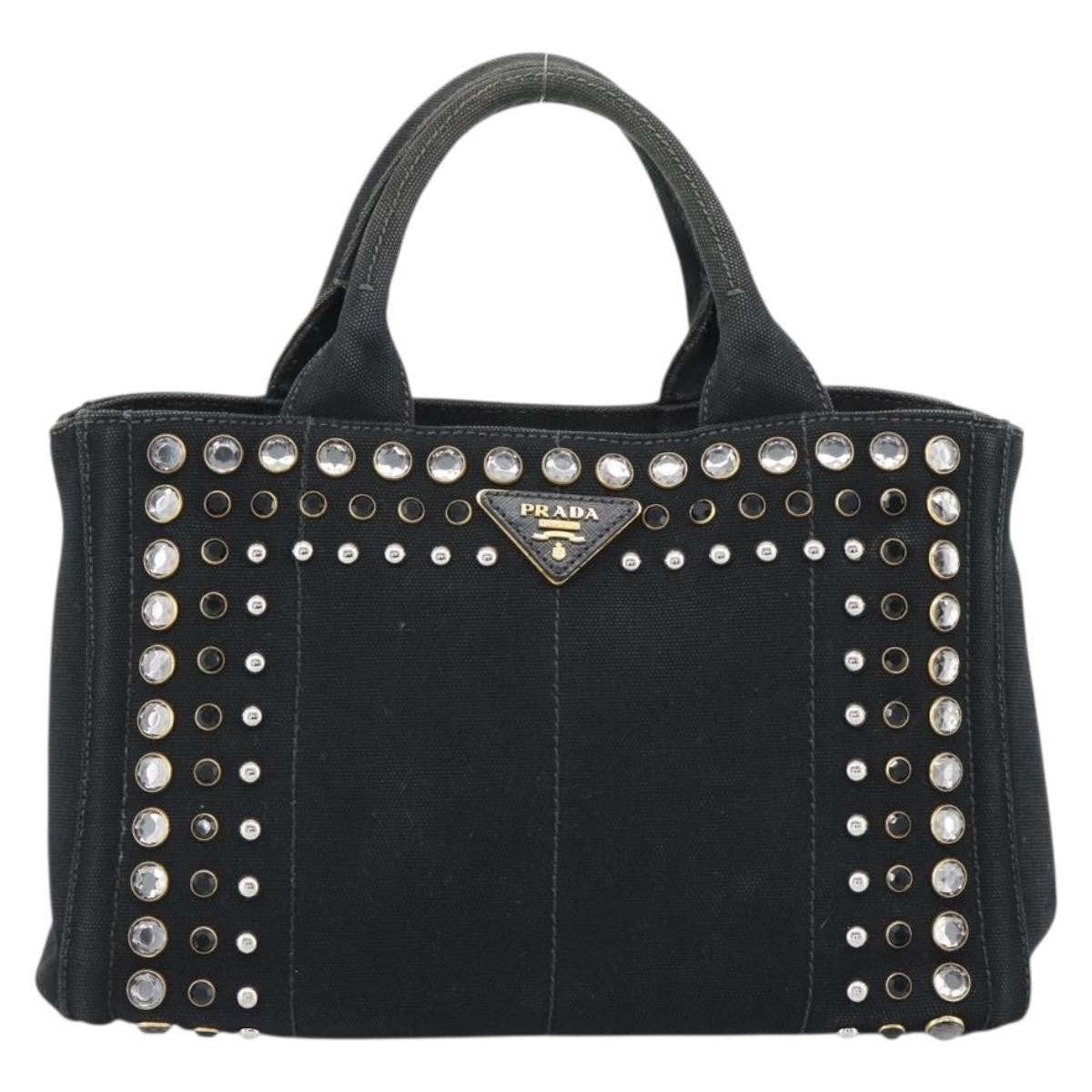 Prada Canapa Convertible Tote Rhinestone Embellished Canvas Black Canvas Handbag (Pre-Owned)