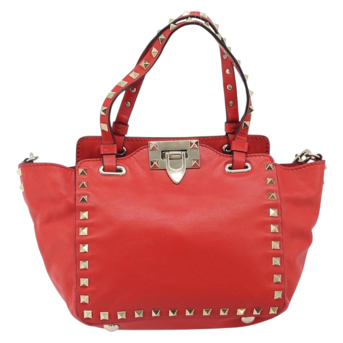 Valentino Garavani Rockstud Tote Soft Leather Red Leather Tote Bag Bag (Pre-Owned)
