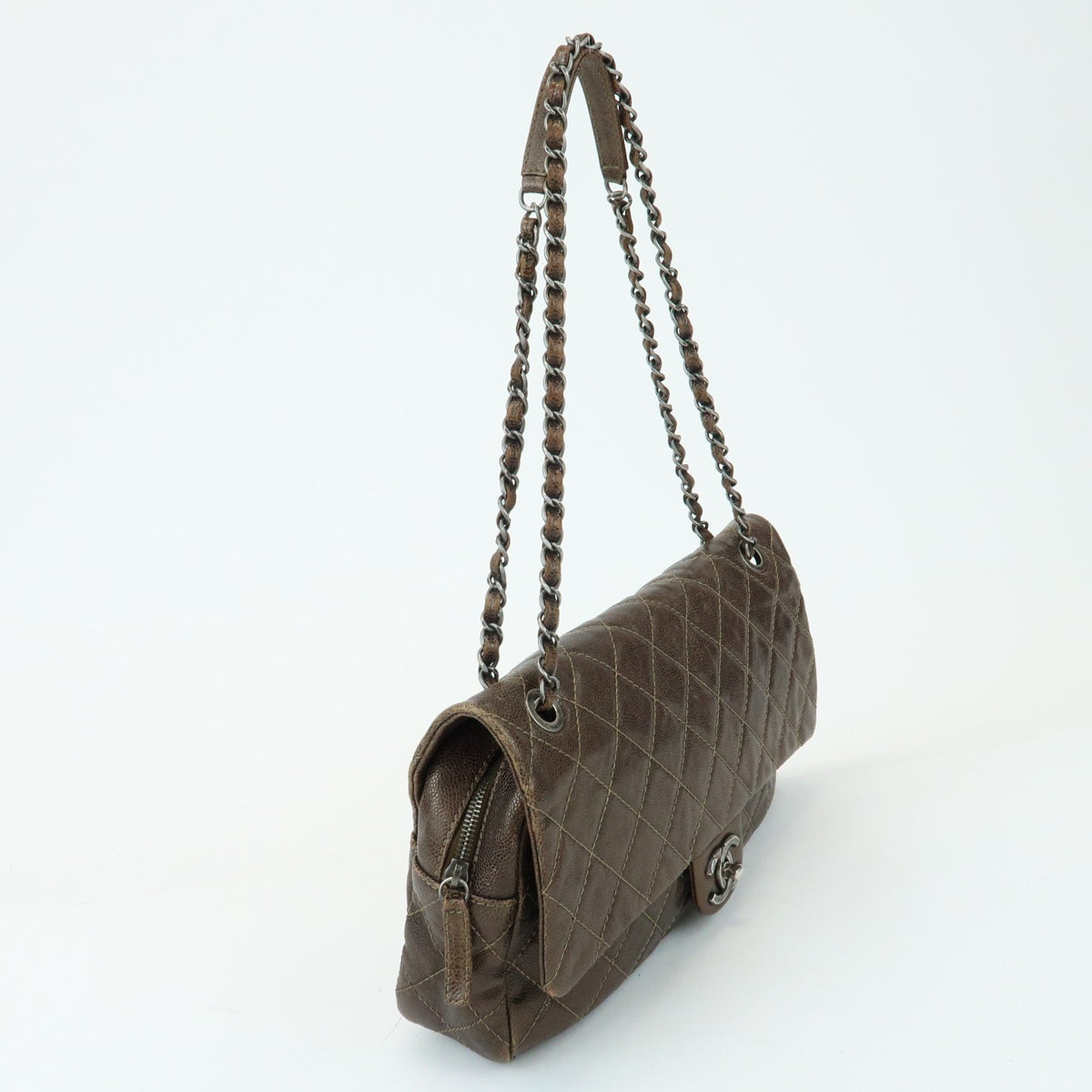 Chanel Easy Flap Quilted Caviar Brown Leather Handbag (Pre-Owned)