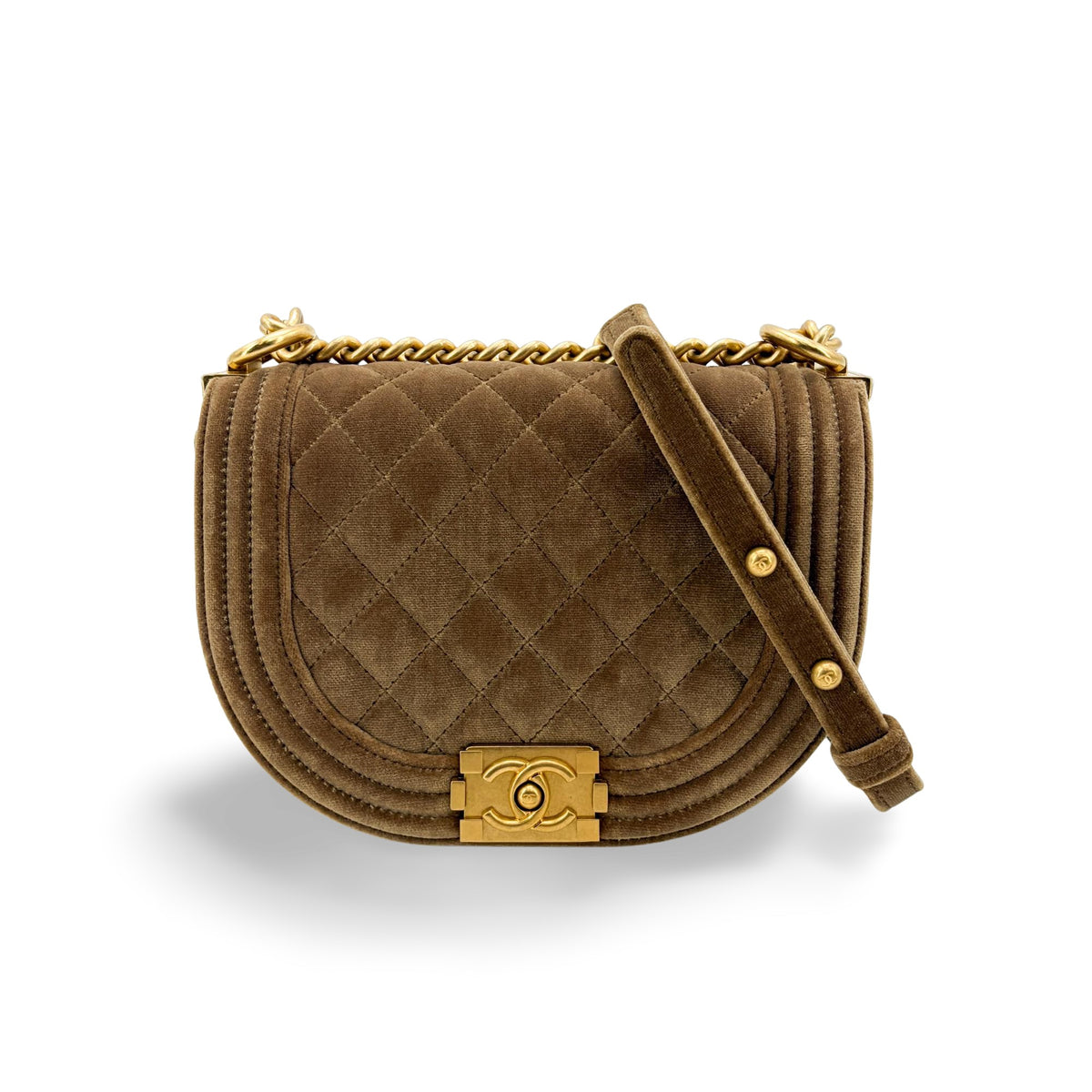 Chanel Boy Curved Messenger Quilted Velvet Brown Suede Shoulder Bag Bag (Pre-Owned)