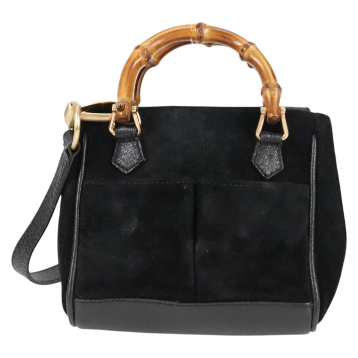 Gucci Vintage Bamboo Front Pocket Suede Black Suede Tote Bag Bag (Pre-Owned)