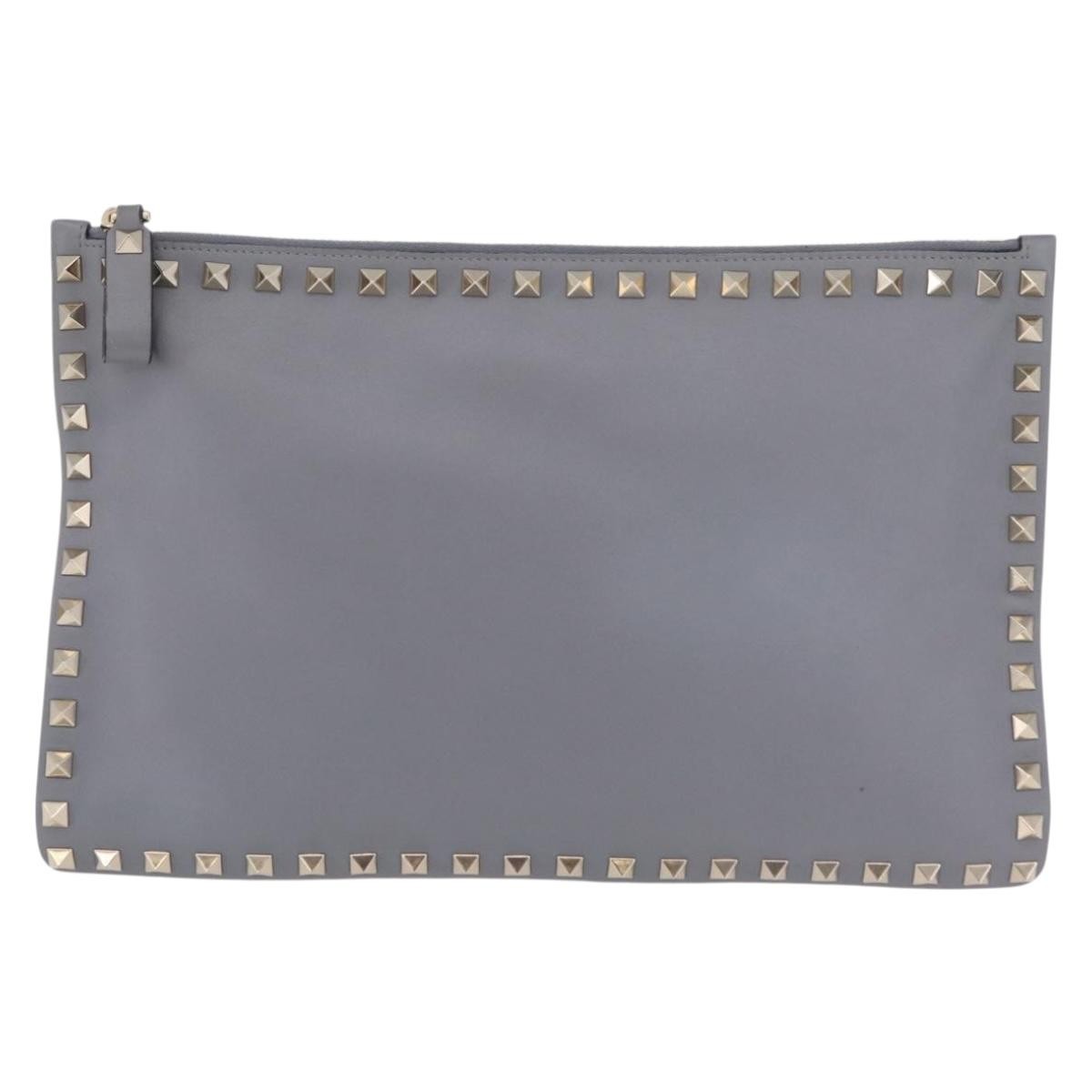 Valentino Garavani Rockstud Pouch Leather Gray Leather Clutche & Pouche Bag (Pre-Owned)