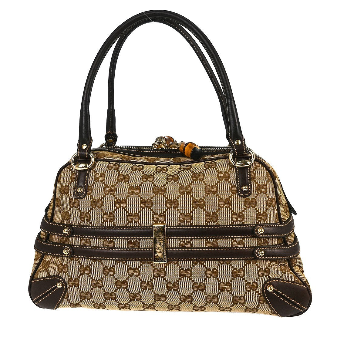 Gucci Bamboo Horsebit Canvas And Leather Brown Canvas Shoulder Bag Bag (Pre-Owned)