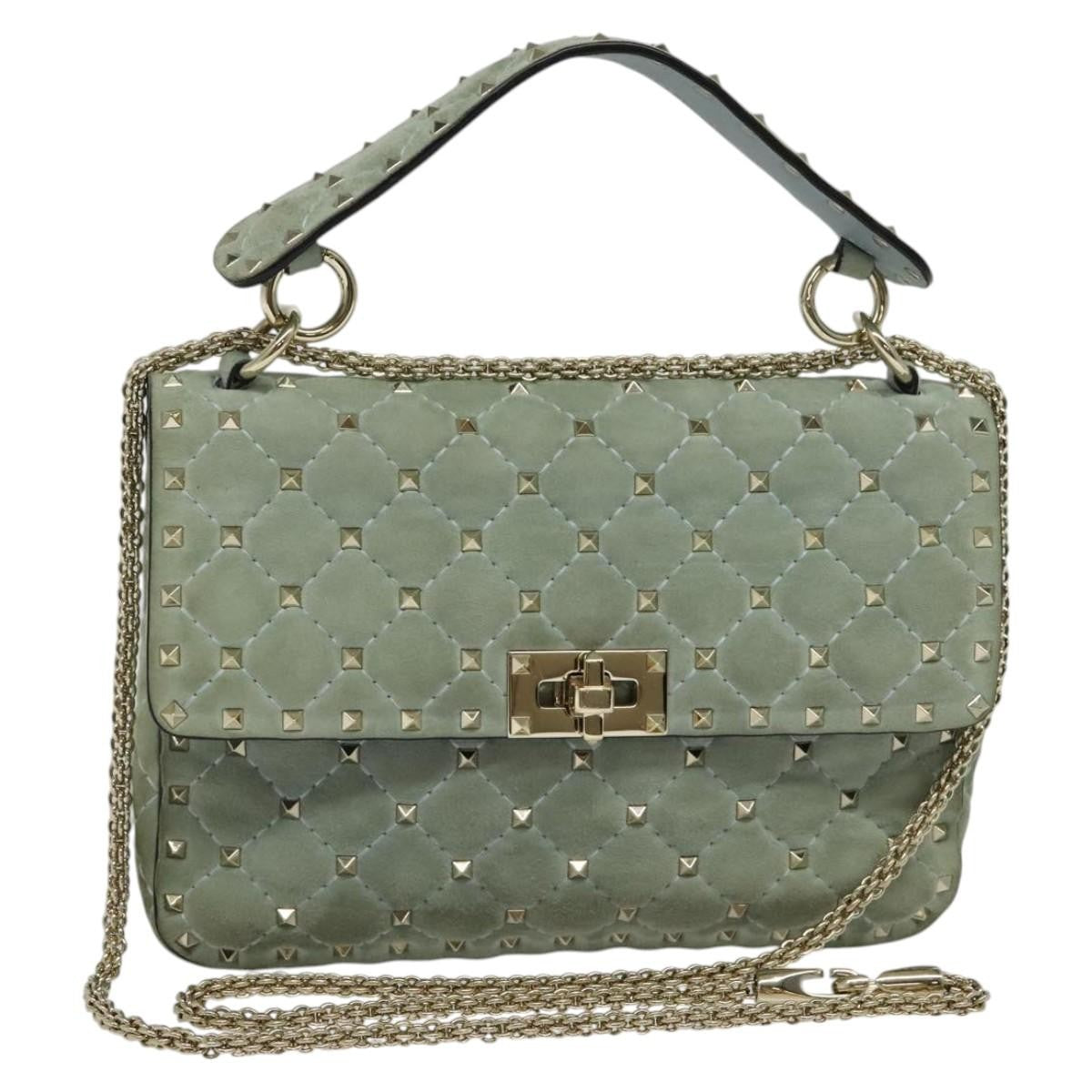 Valentino Garavani Rockstud Spike Flap Quilted Suede Blue Suede Handbag (Pre-Owned)