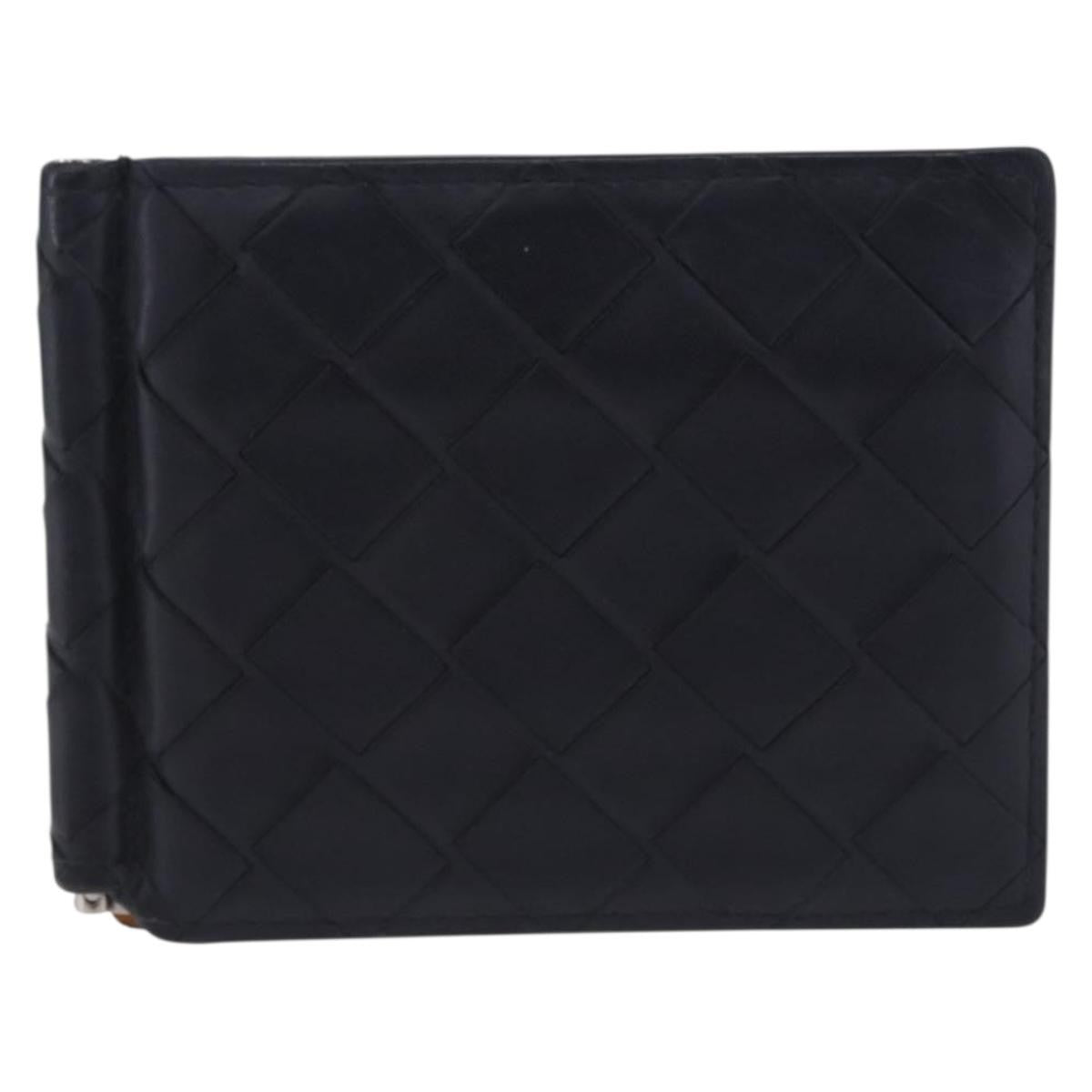 Bottega Veneta Bifold Card Holder Intercciato Leather Navy Leather Card Holders Accessory (Pre-Owned)