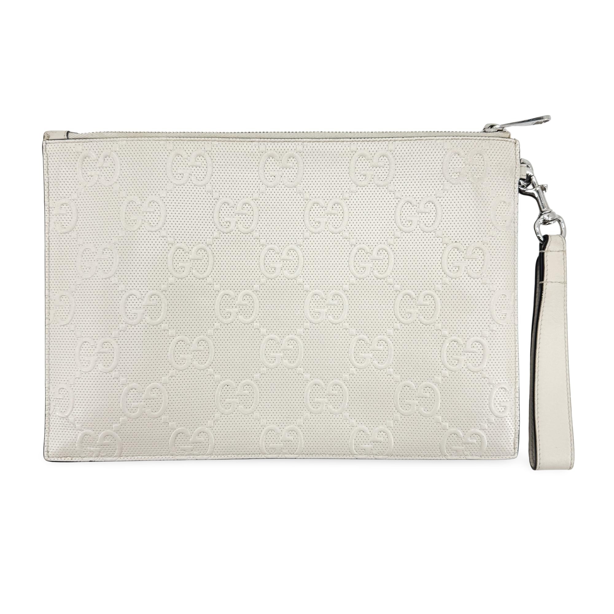 Gucci Wristlet Gg Embossed Perforated Leather White Leather Clutche & Pouche Bag (Pre-Owned)