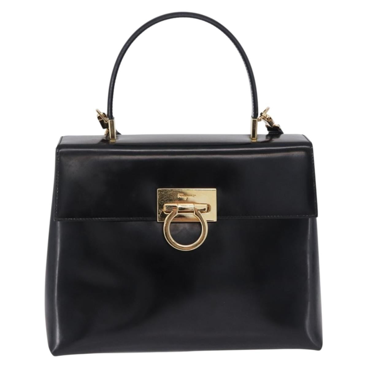 Salvatore Ferragamo Gancini Top Handle Leather Black Patent_Leather Handbag (Pre-Owned)
