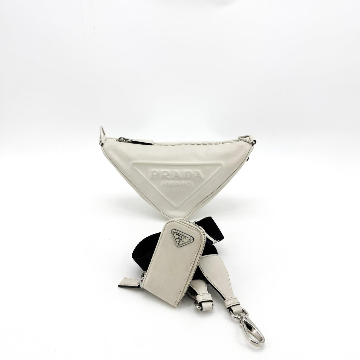 Prada Triangle Logo Zip Leather White Leather Crossbody Bag Bag (Pre-Owned)
