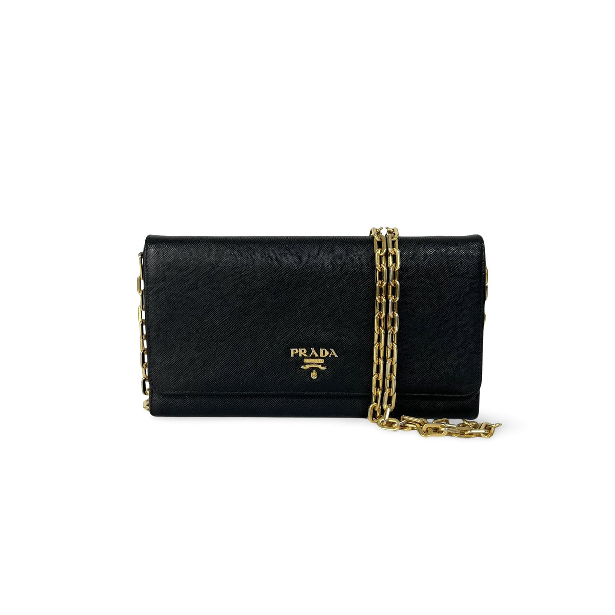 Prada Wallet On Chain Saffiano Black Leather Shoulder Bag Bag (Pre-Owned)