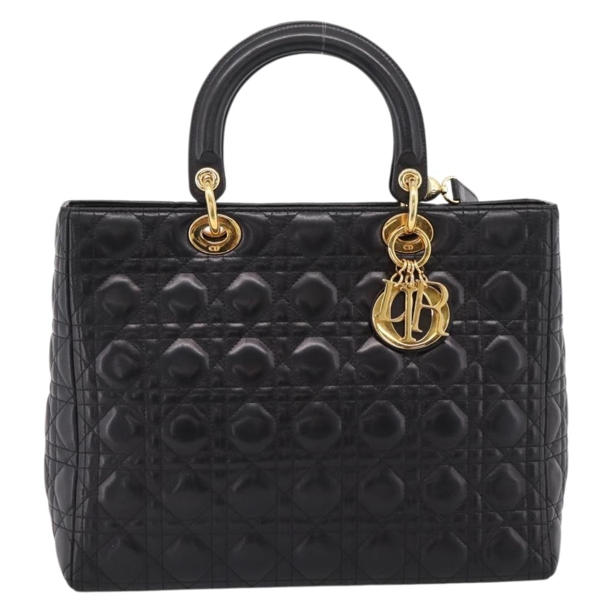 Christian Dior Vintage Lady Dior Cannage Quilt Lambskin Black Leather Handbag (Pre-Owned)