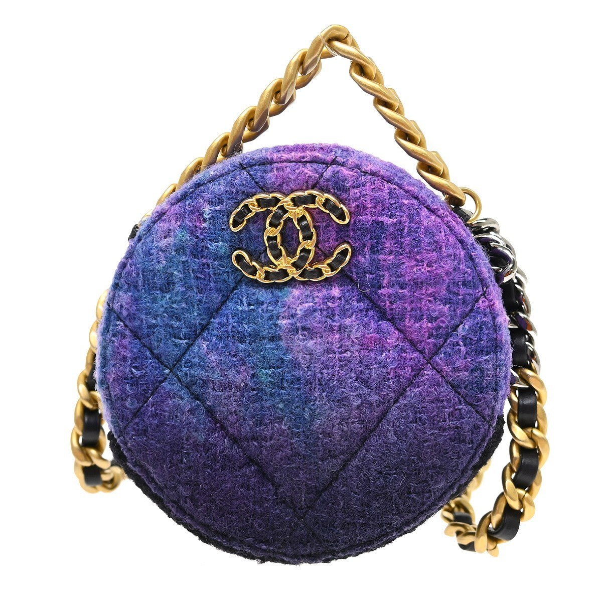 Chanel 19 Round Clutch With Chain Quilted Tweed Purple Tweed Shoulder Bag Bag (Pre-Owned)