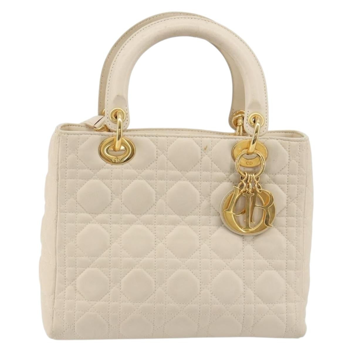 Christian Dior Lady Dior Cannage Quilt Lambskin White Leather Handbag (Pre-Owned)