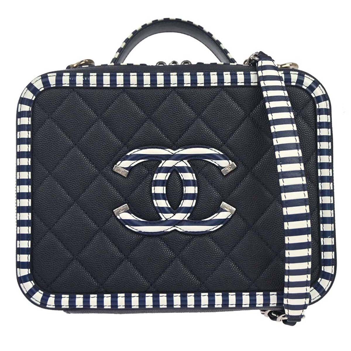 Chanel Filigree Vanity Case Quilted Caviar With Striped Leather Navy Leather Clutche & Pouche Bag (Pre-Owned)