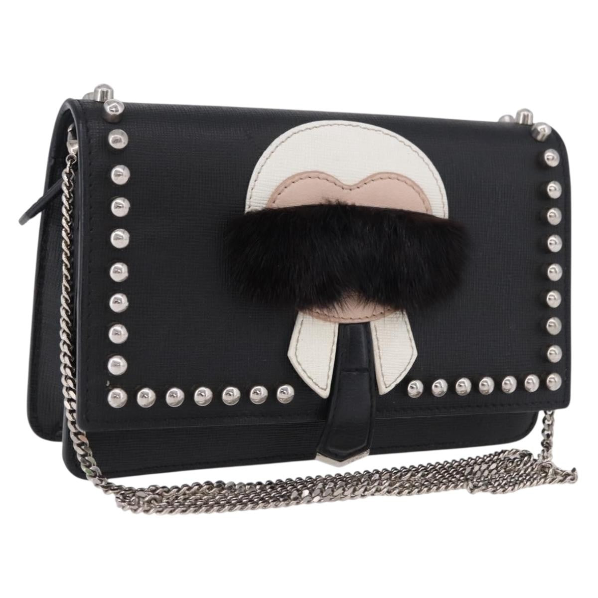 Fendi Karlito Wallet On Chain Studded Saffiano Leather Black Leather Crossbody Bag Bag (Pre-Owned)