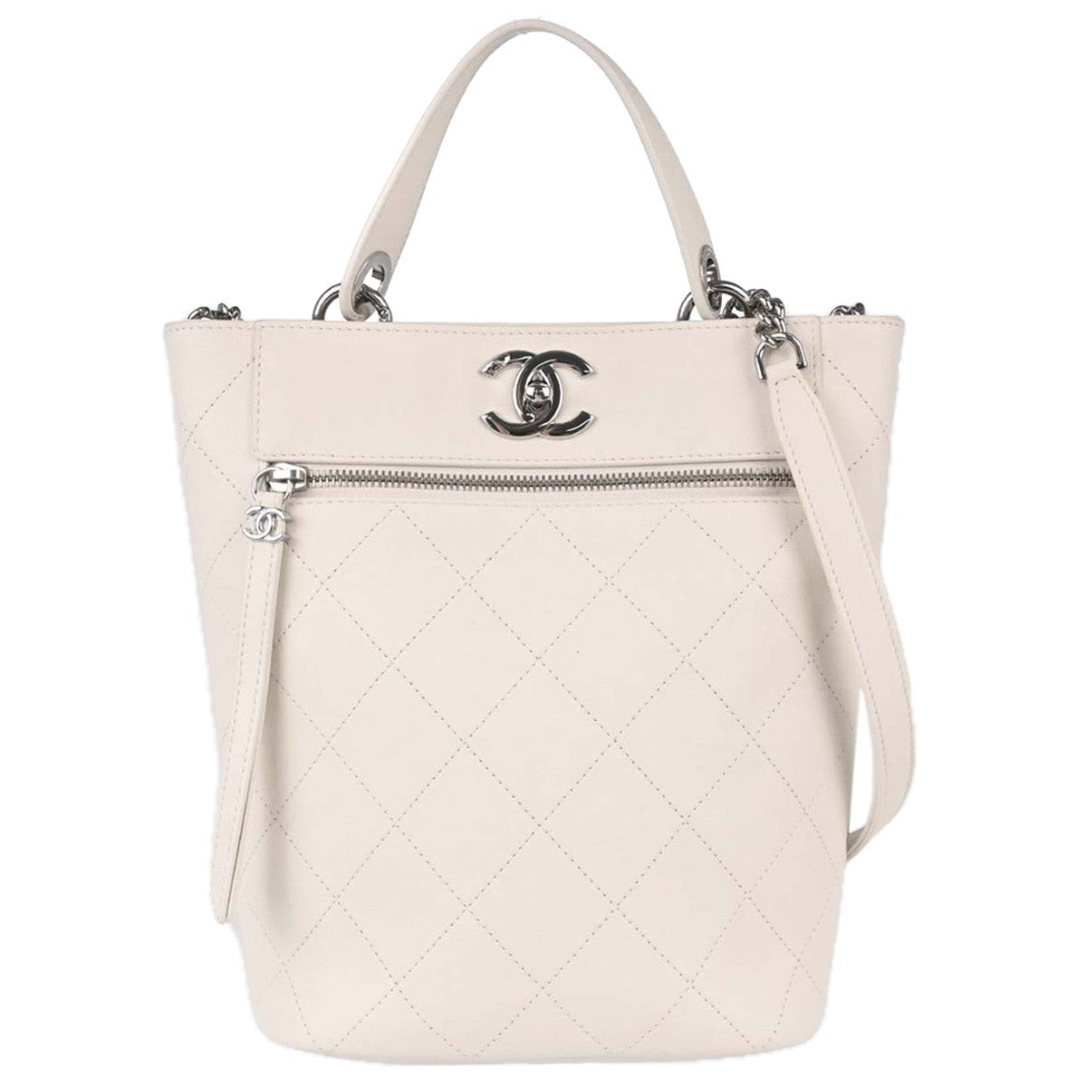 Chanel Cc Top Handle Bucket Stitched Calfskin White Leather Handbag (Pre-Owned)