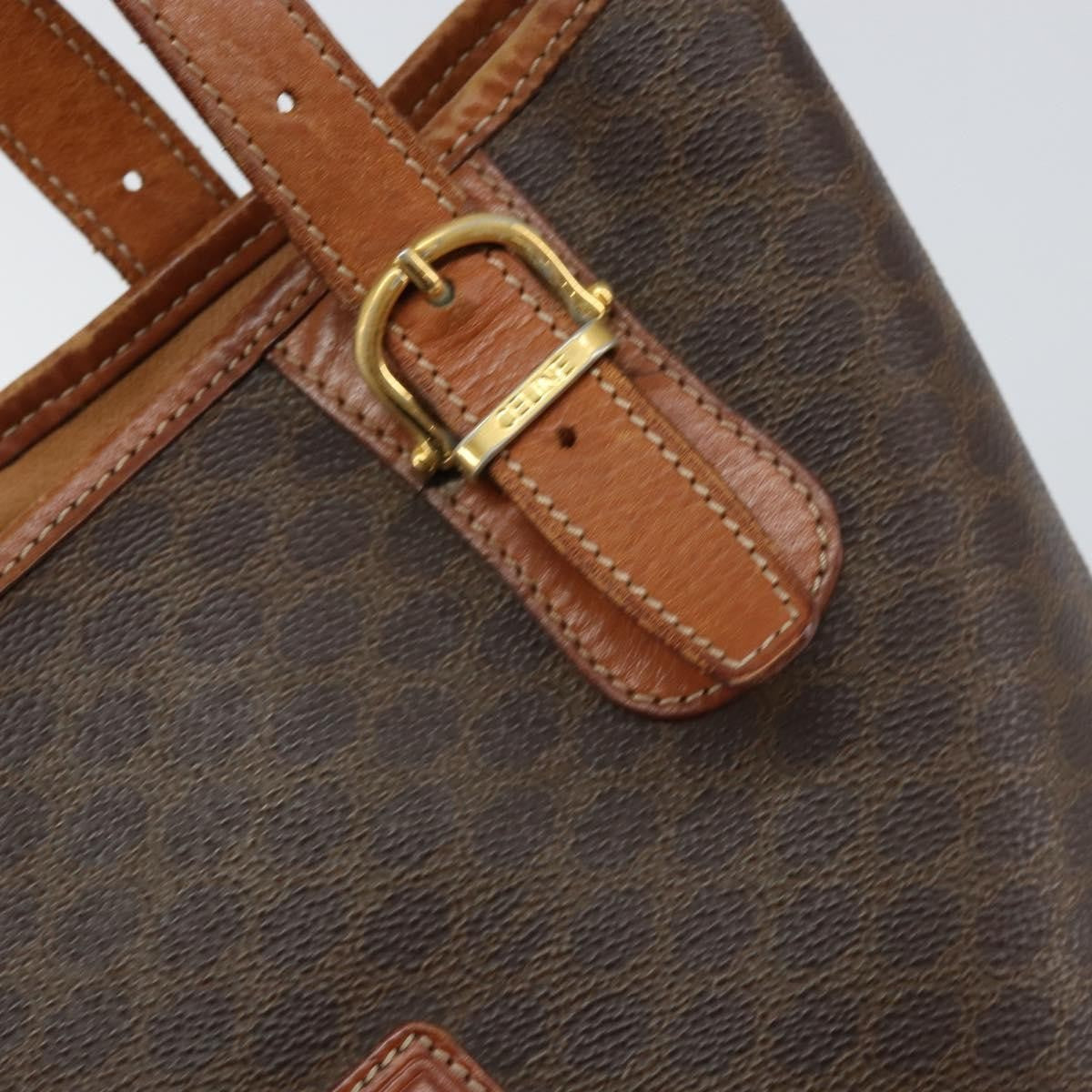 Celine Vintage Macadam Shopper Tote Canvas And Leather Brown Canvas Tote Bag Bag (Pre-Owned)