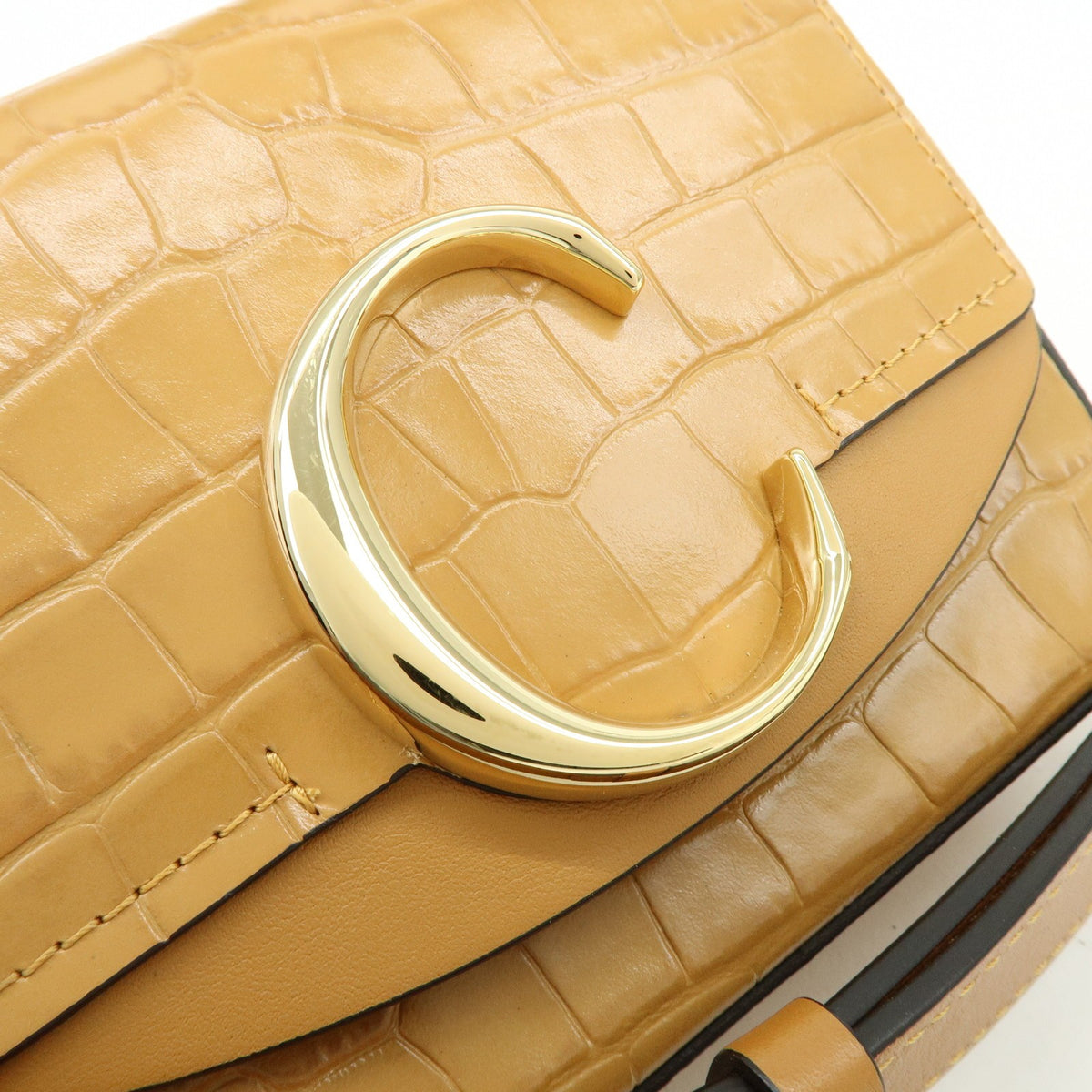Chloe C Flap Crocodile Embossed Leather Brown Leather Handbag (Pre-Owned)