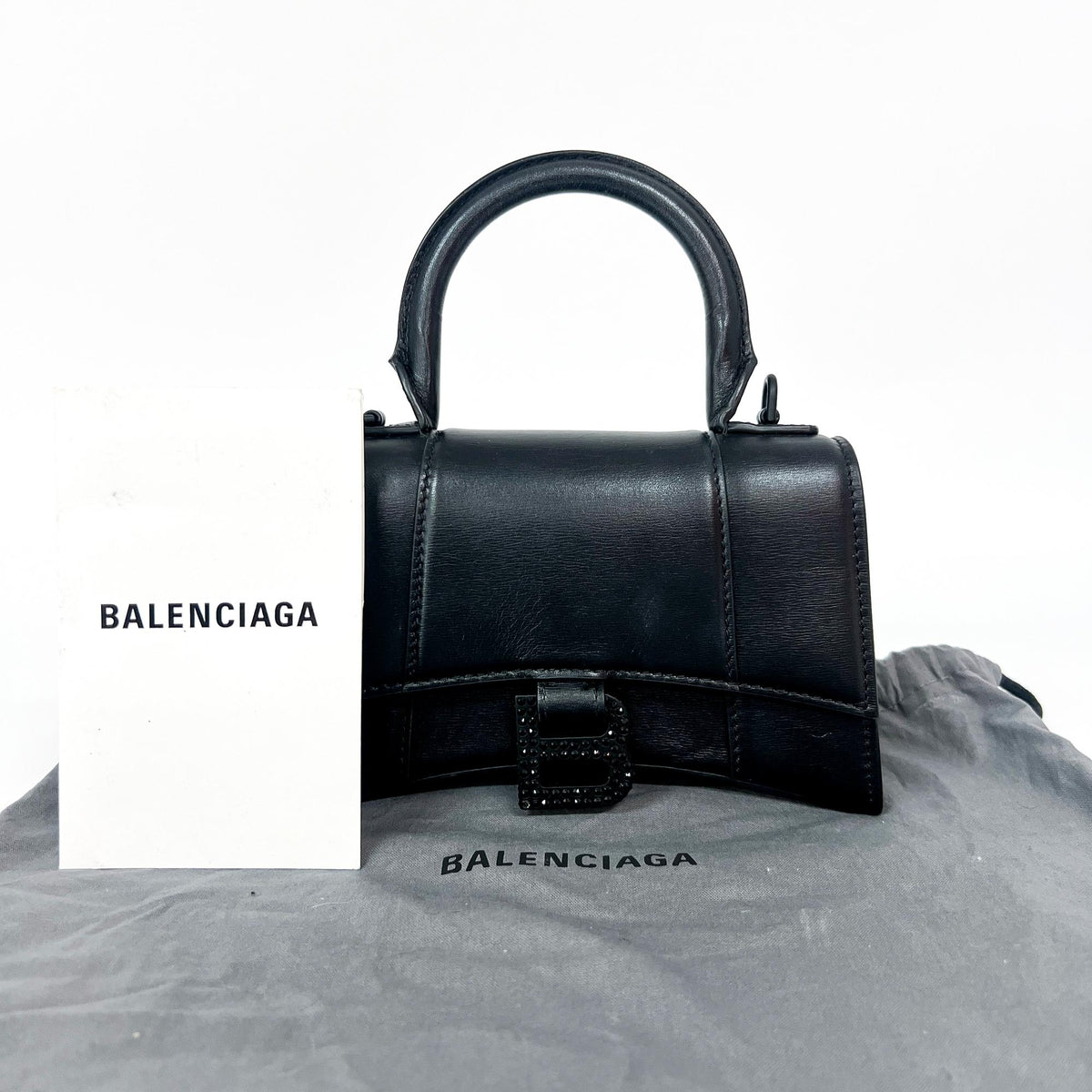 Balenciaga Hourglass Top Handle Leather With Crystals Black Leather Handbag (Pre-Owned)