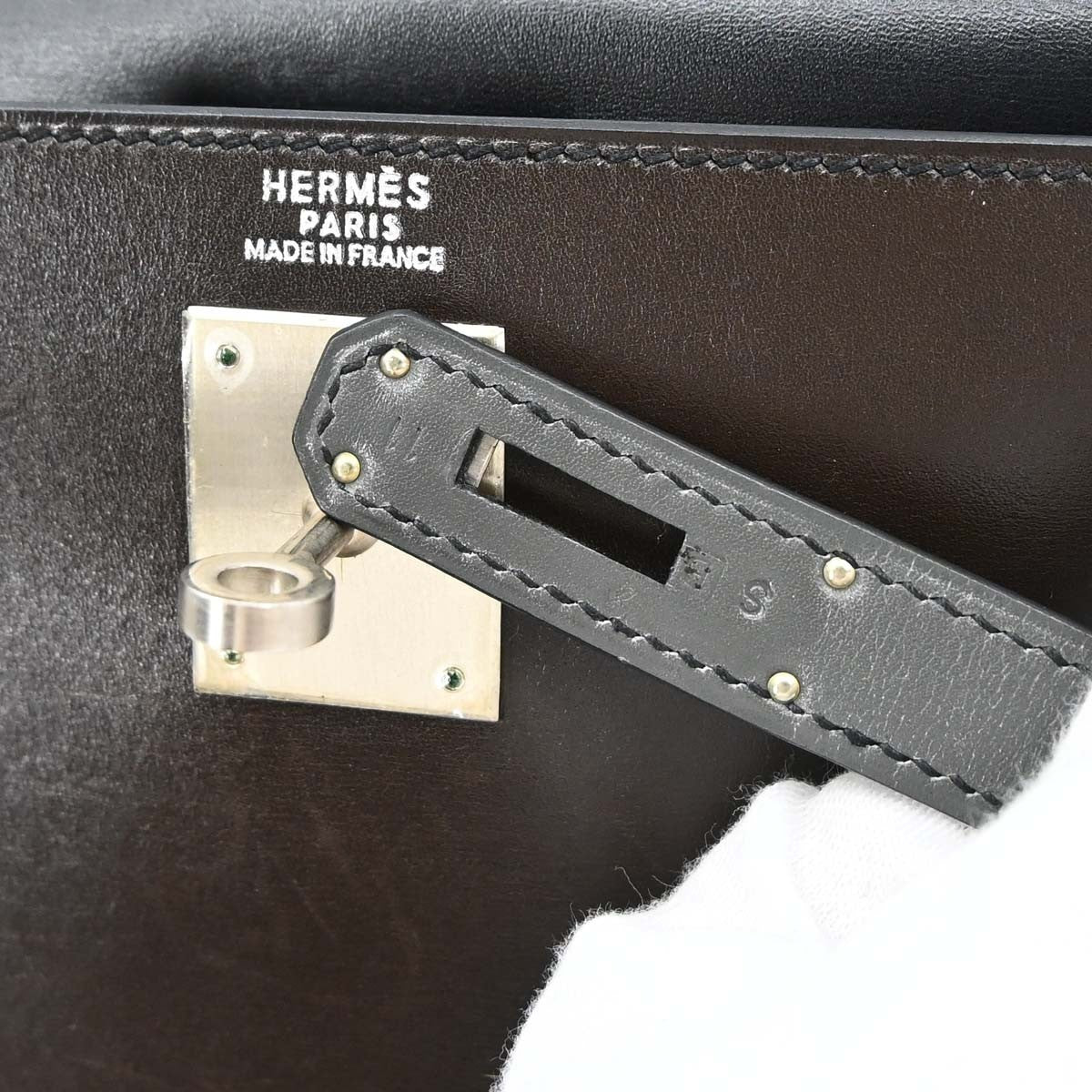 Hermes Kelly Black Box Calf With Palladium Hardware Black Leather Handbag (Pre-Owned)