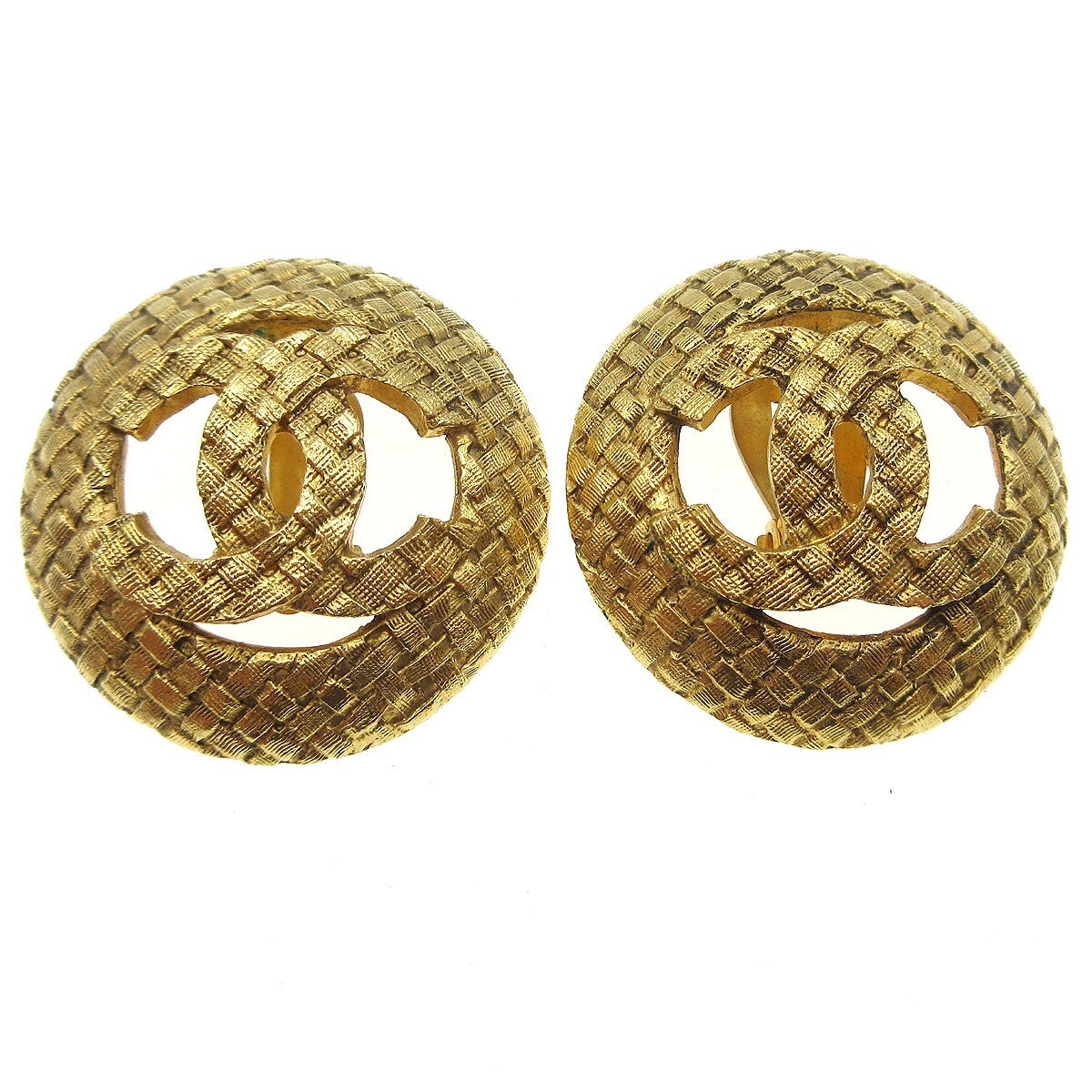 Chanel Vintage Cc Round Cutout Clip-On Metal Gold Gold_Plated Earrings Jewelry (Pre-Owned)