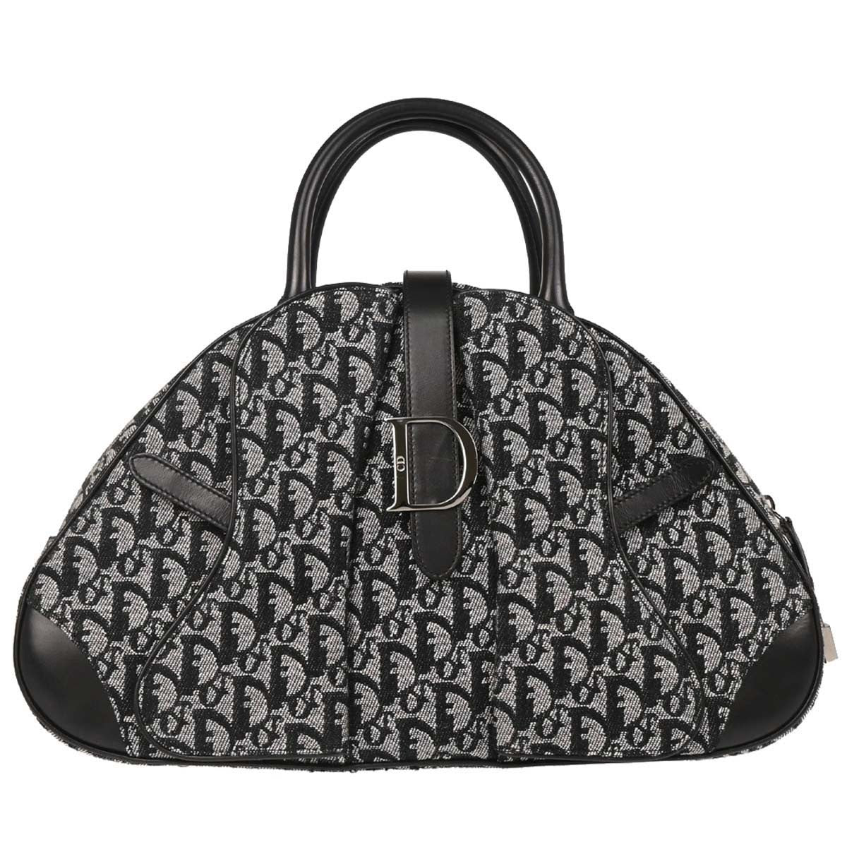 Christian Dior Vintage Saddle Bowler Diorissimo Canvas Black Canvas Handbag (Pre-Owned)