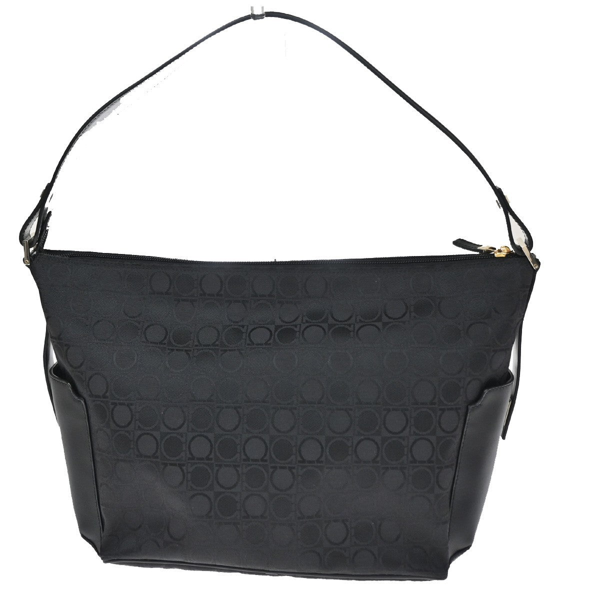 Salvatore Ferragamo Gancini Zip Leather Black Canvas Shoulder Bag Bag (Pre-Owned)