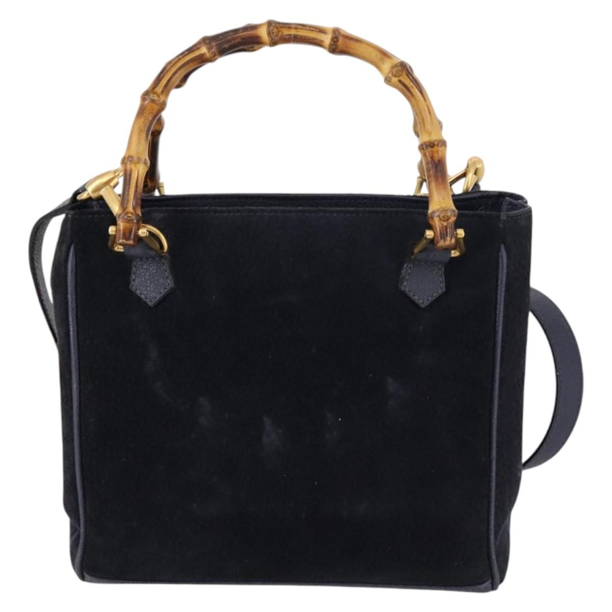 Gucci Vintage Bamboo Handle Suede Navy Suede Handbag (Pre-Owned)