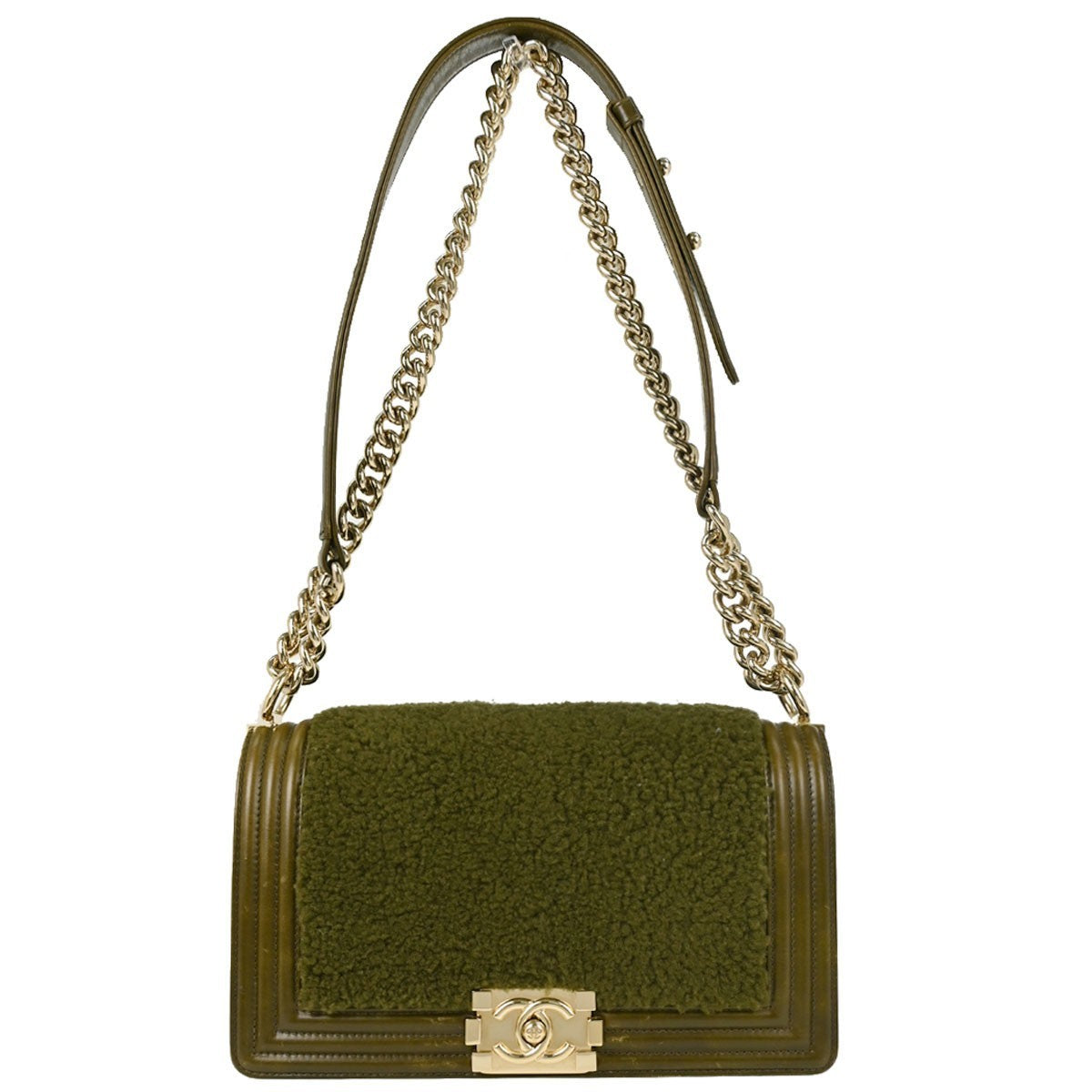 Chanel Boy Flap Shearling With Leather Green Leather Shoulder Bag Bag (Pre-Owned)