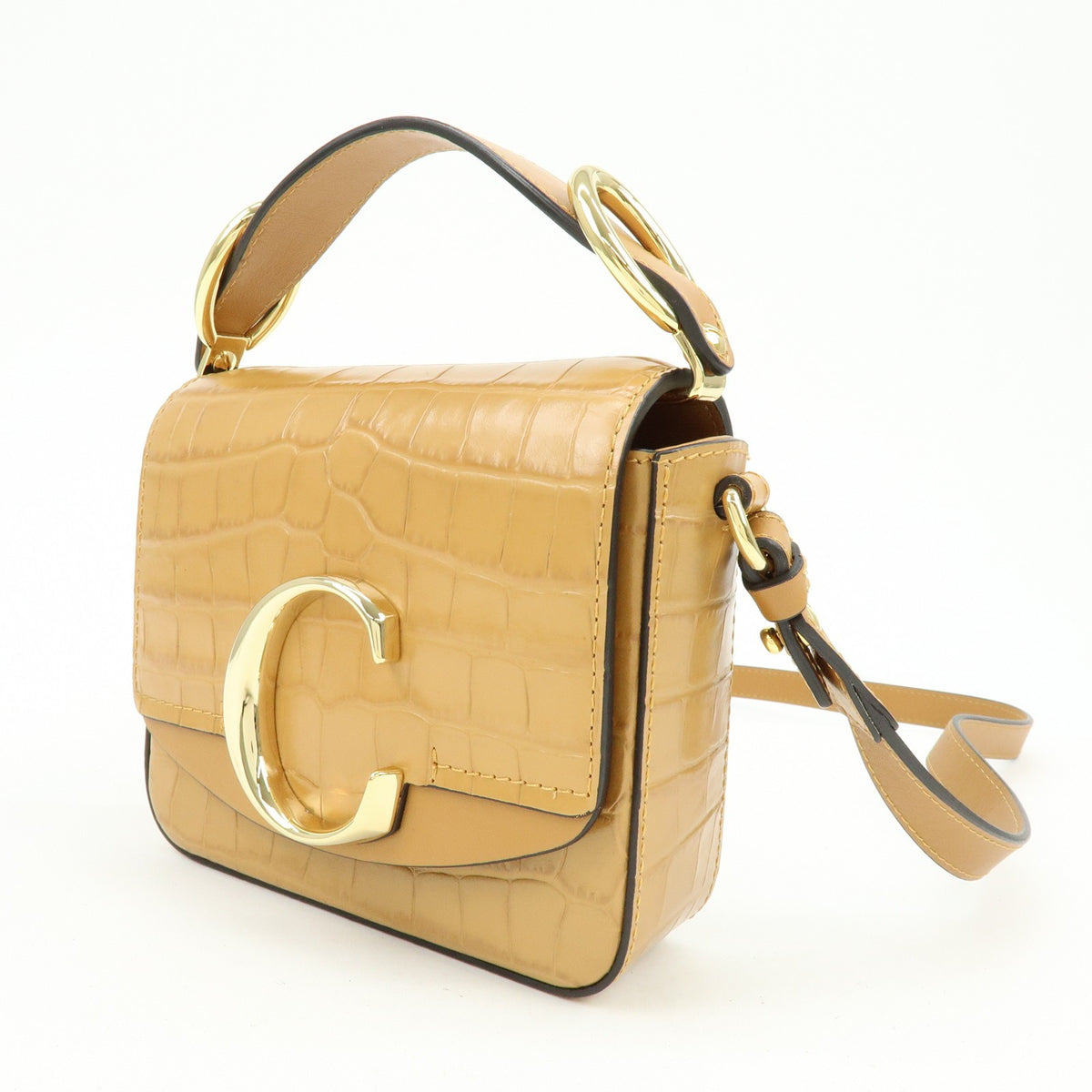 Chloe C Flap Crocodile Embossed Leather Brown Leather Handbag (Pre-Owned)