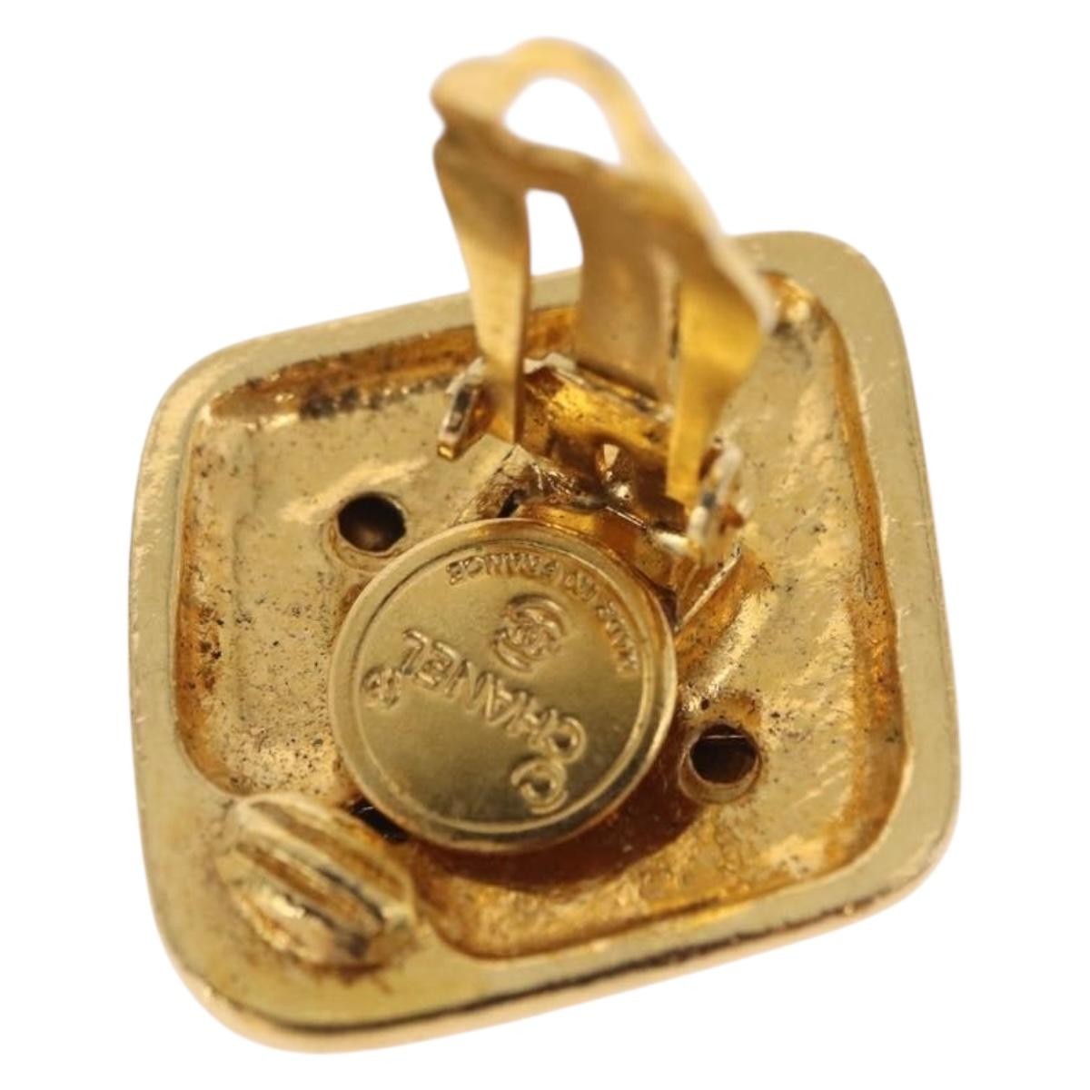 Chanel Vintage Diamond Clip-On Metal With Crystals Gold Metal Earrings Jewelry (Pre-Owned)