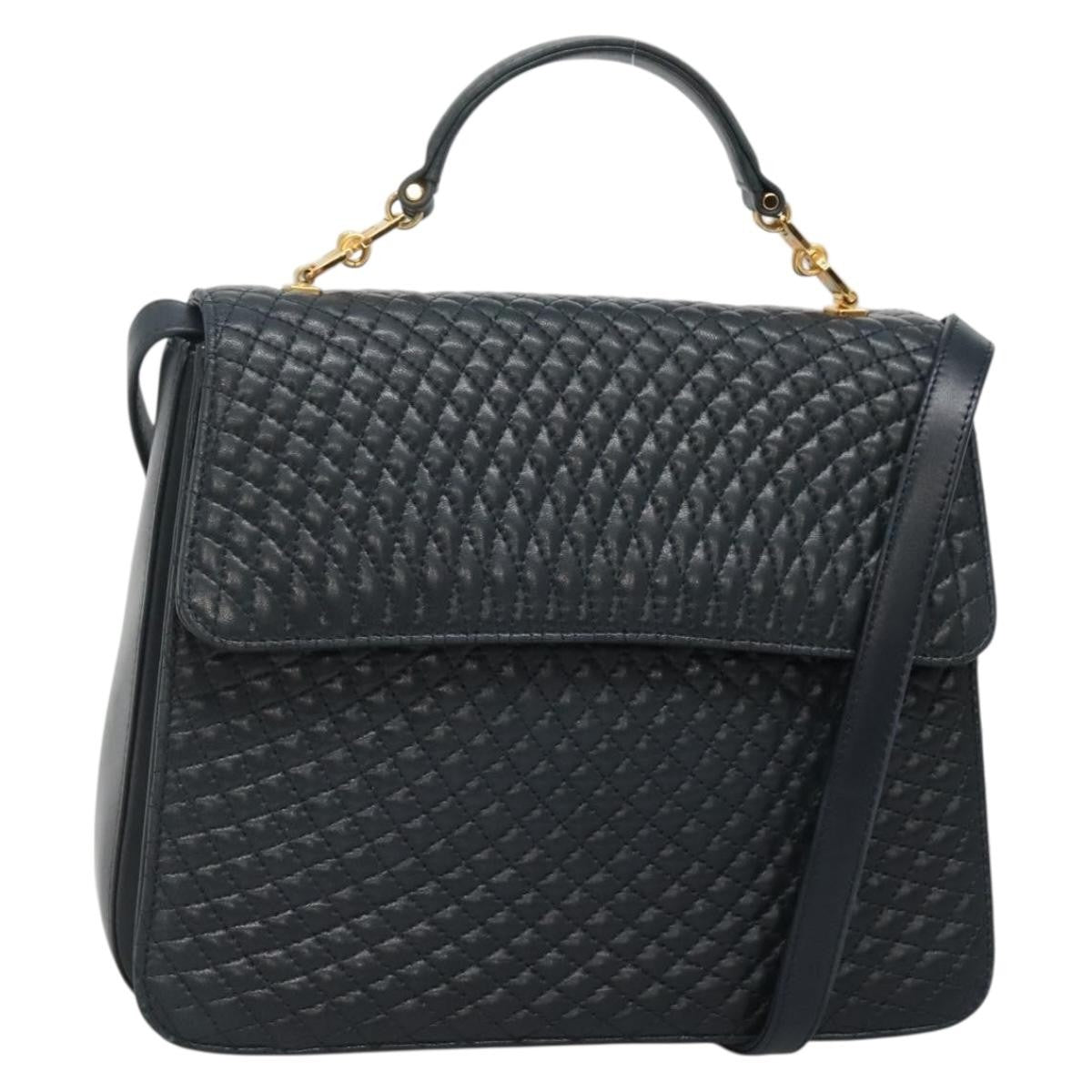 Bally Vintage Quilted Leather Navy Leather Handbag (Pre-Owned)