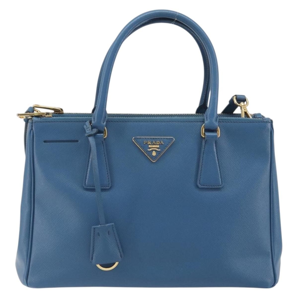 Prada Double Zip Lux Tote Saffiano Leather Blue Leather Handbag (Pre-Owned)
