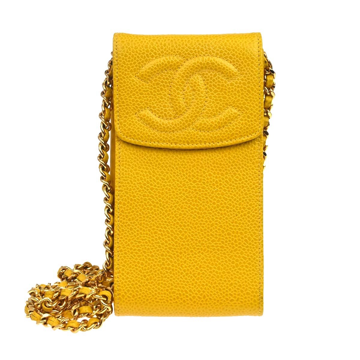 Chanel Vintage Cc Phone Holder Caviar Yellow Leather Clutche & Pouche Bag (Pre-Owned)