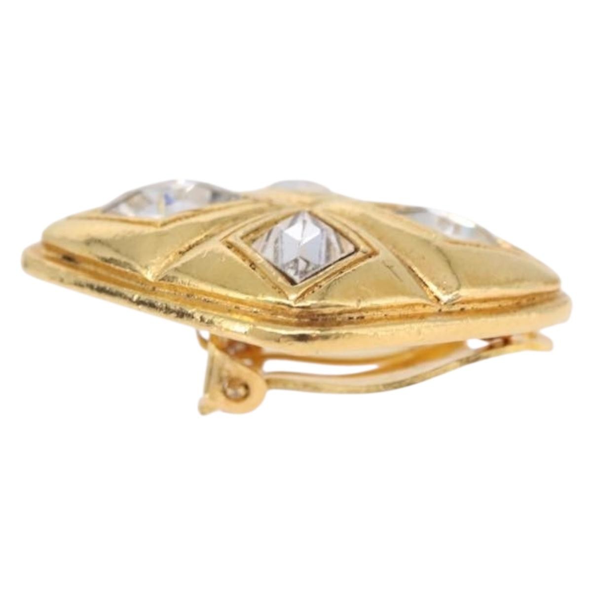 Chanel Vintage Diamond Clip-On Metal With Crystals Gold Metal Earrings Jewelry (Pre-Owned)