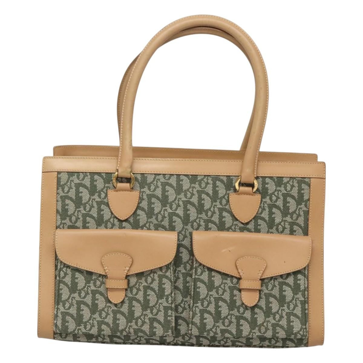 Christian Dior Vintage Trotter Double Pocket Tote Diorissimo Canvas Khaki Canvas Bag (Pre-Owned)