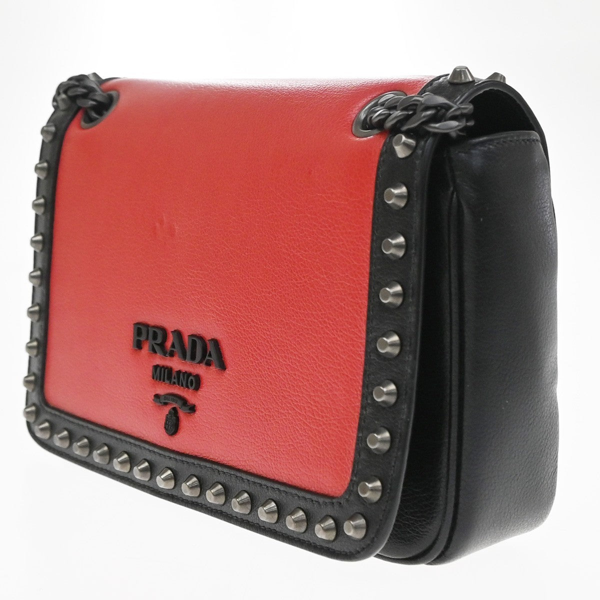 Prada Chain Flap Bag Studded Glace Calf Red Leather Shoulder Bag Bag (Pre-Owned)