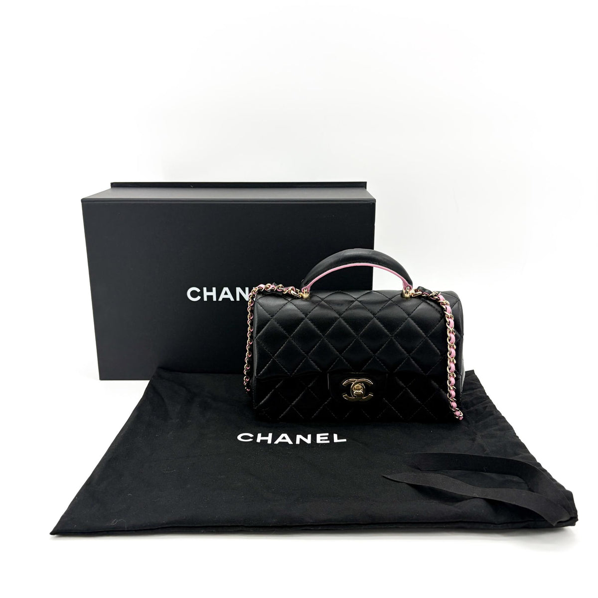 Chanel Classic Single Flap Top Handle Quilted Iridescent Lambskin Black Leather Handbag (Pre-Owned)